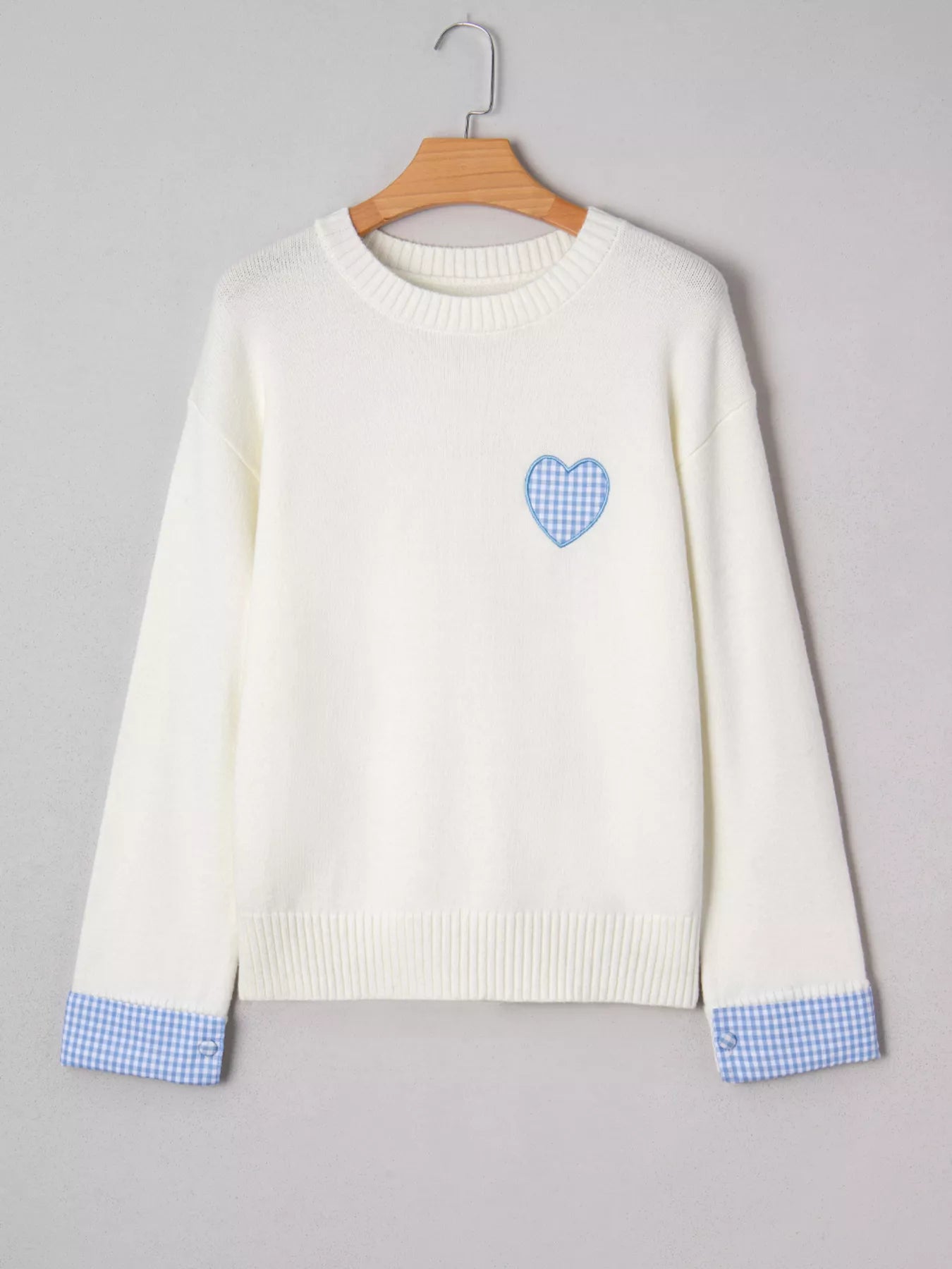 Plaid Heart Embroidered Cuffed Drop Shoulder Crew Neck Sweater OutfitFlow