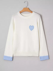 Plaid Heart Embroidered Cuffed Drop Shoulder Crew Neck Sweater OutfitFlow
