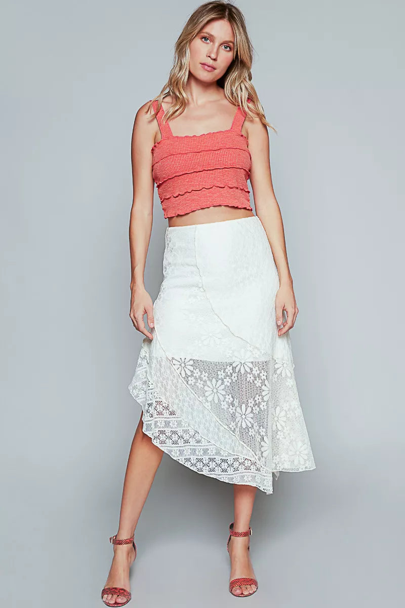 POL Ruffled Floral Lace Skirt with Unbalanced Hem OutfitFlow