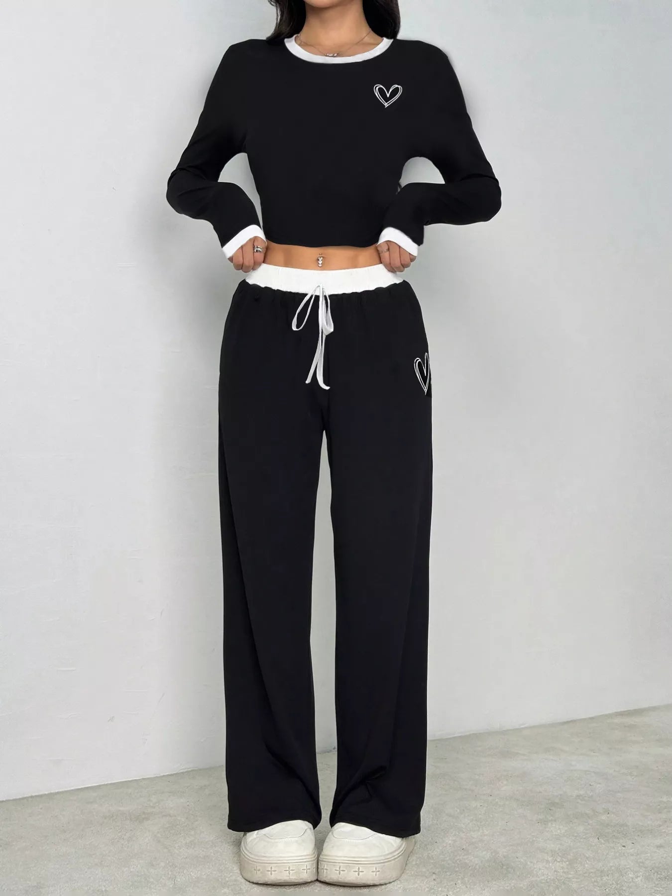 Contrast Trim Crop Top and Wide Leg Pants Set OutfitFlow