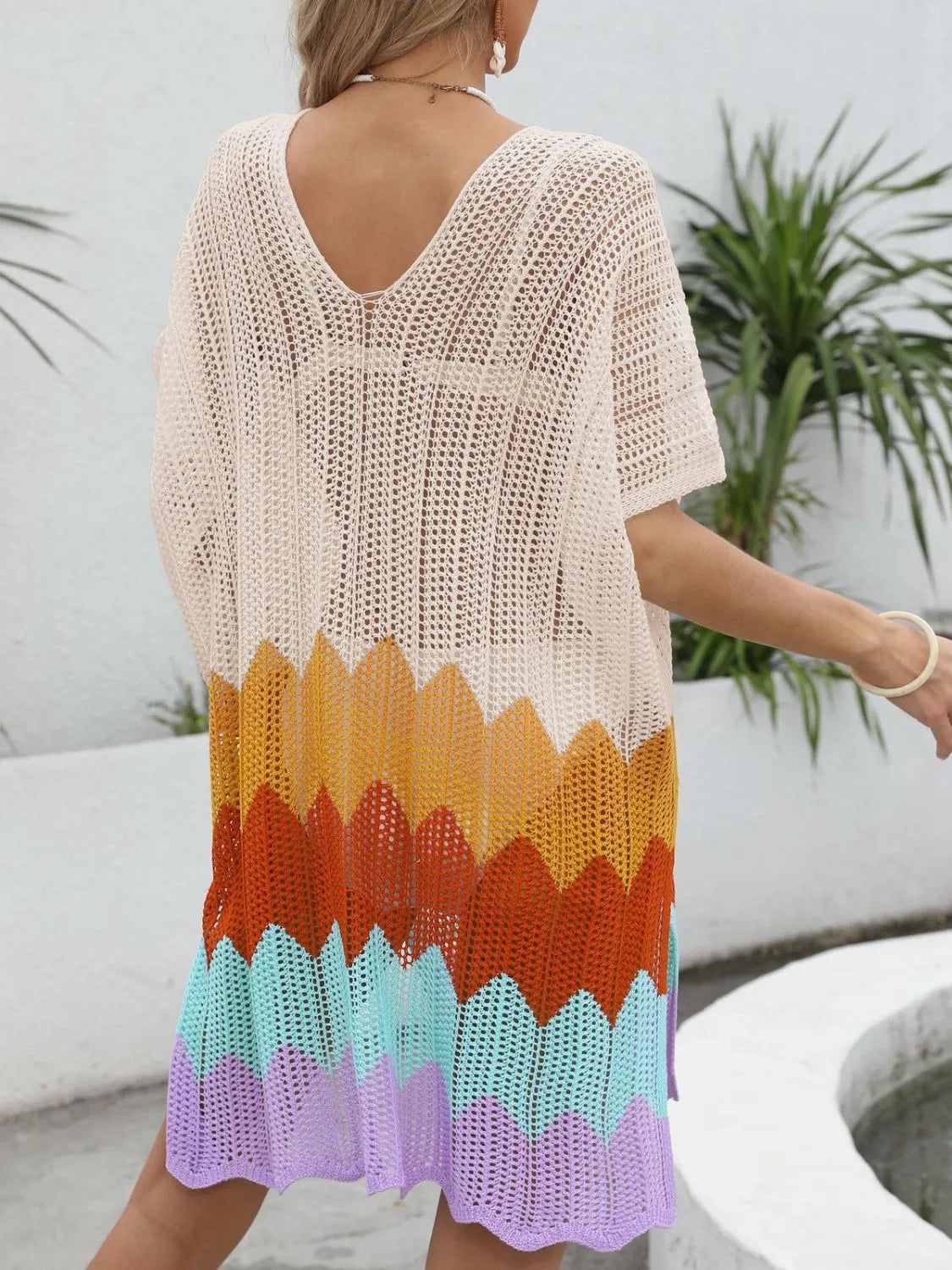 Openwork V-Neck Half Sleeve Cover-Up OutfitFlow