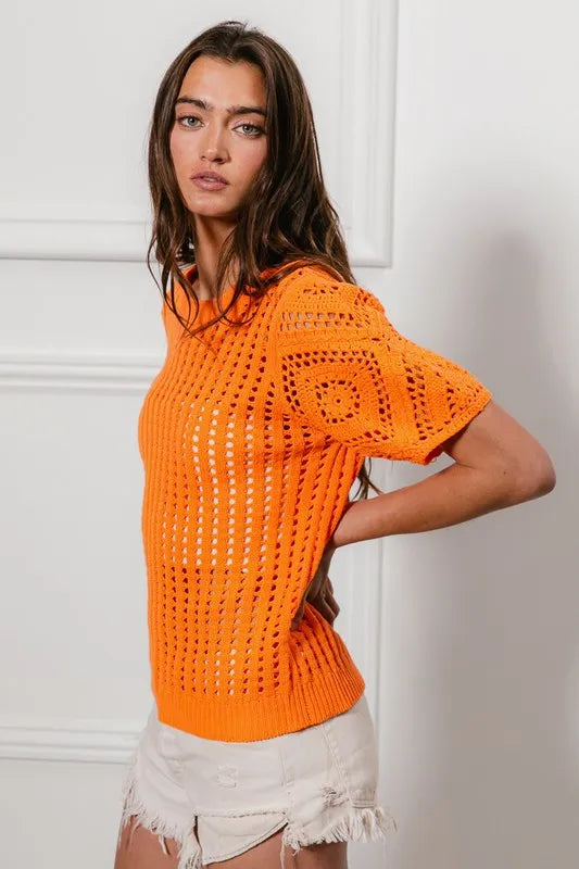 BiBi Crochet Knit Cover Up With Puff Sleeves OutfitFlow