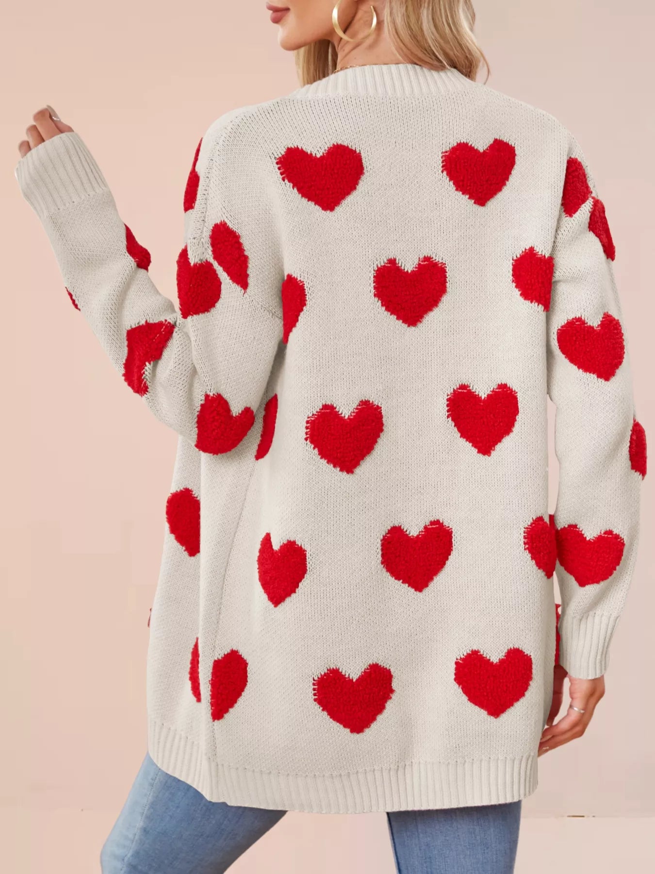 Heart Pattern Knit Button-Up Cardigan OutfitFlow