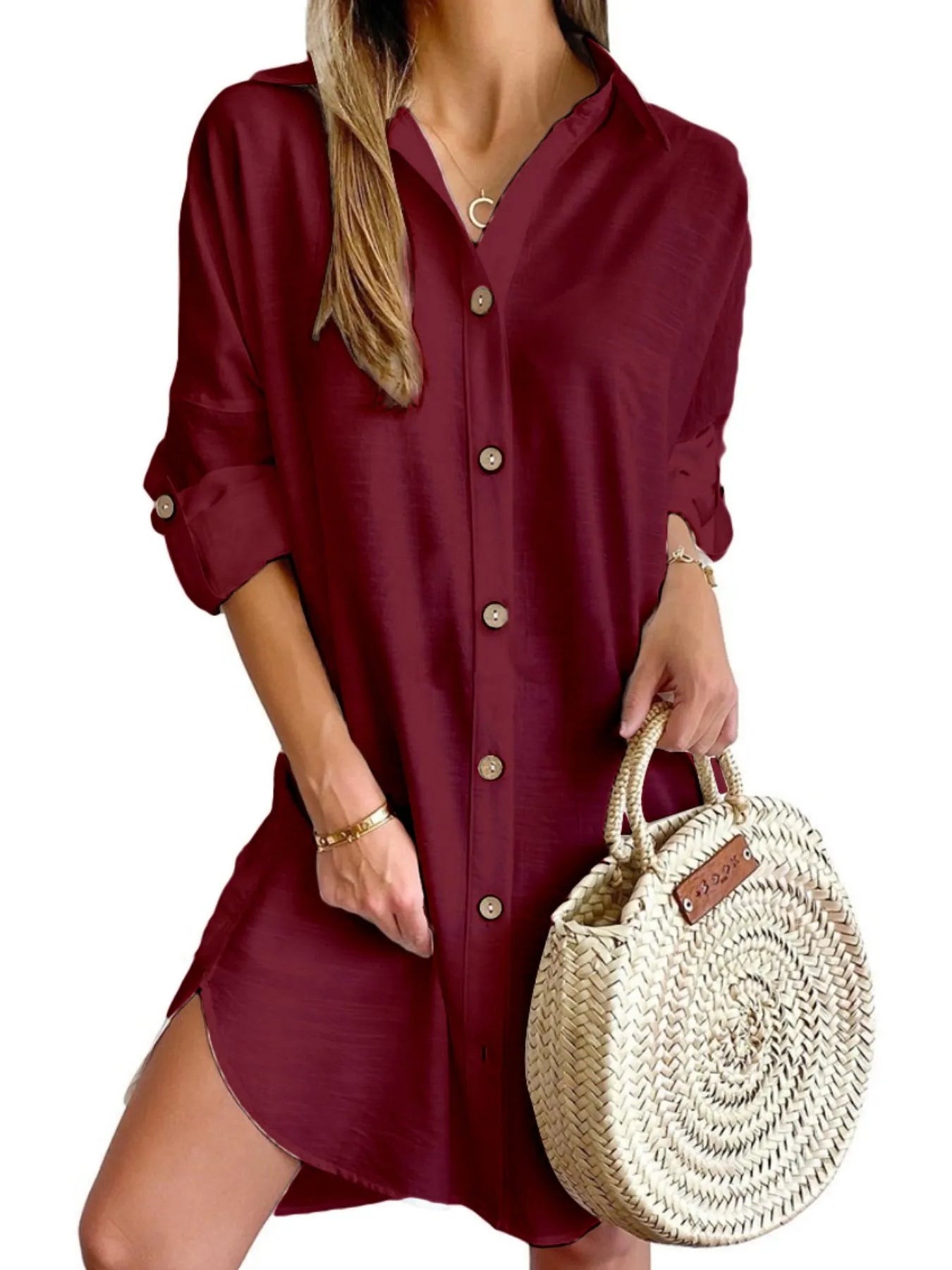 Button Down Long Sleeve Shirt Dress Wine Red OutfitFlow