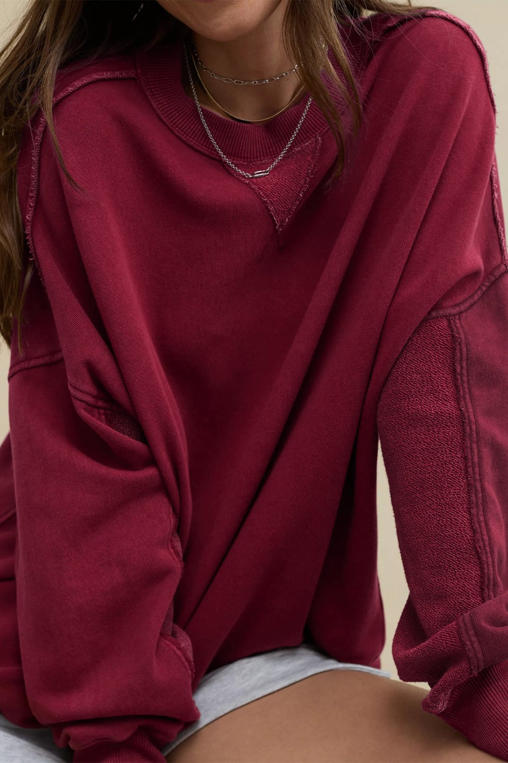 Outfit Flow - Side Slit Round Neck Long Sleeve Sweatshirt