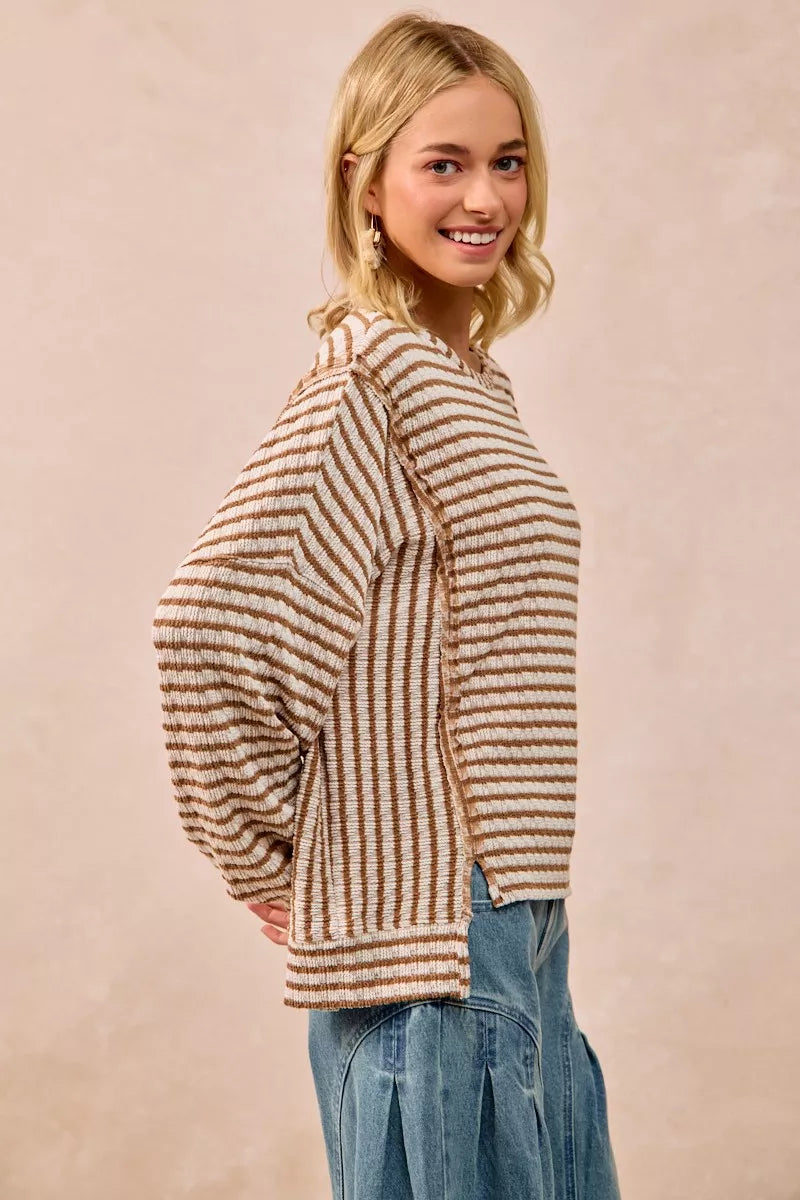 BiBi Open Seam Detail Textured Stripe Knit Top OutfitFlow
