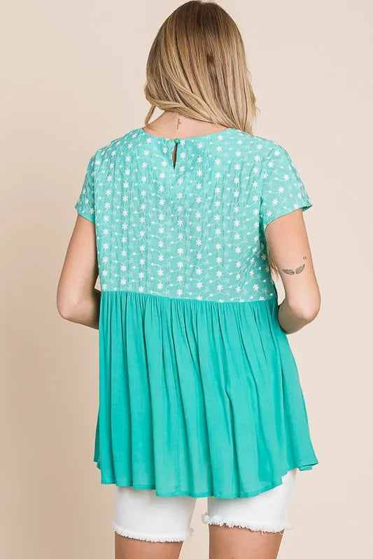 Lime 'N' Chili Full Size Embroidered Short Sleeve Pleated Babydoll Top Plus Size OutfitFlow
