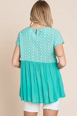Lime 'N' Chili Full Size Embroidered Short Sleeve Pleated Babydoll Top Plus Size OutfitFlow