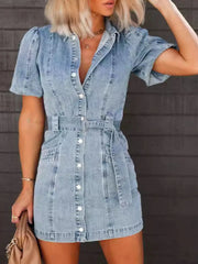 Button-Up Puff Sleeve Denim Shirt Dress OutfitFlow
