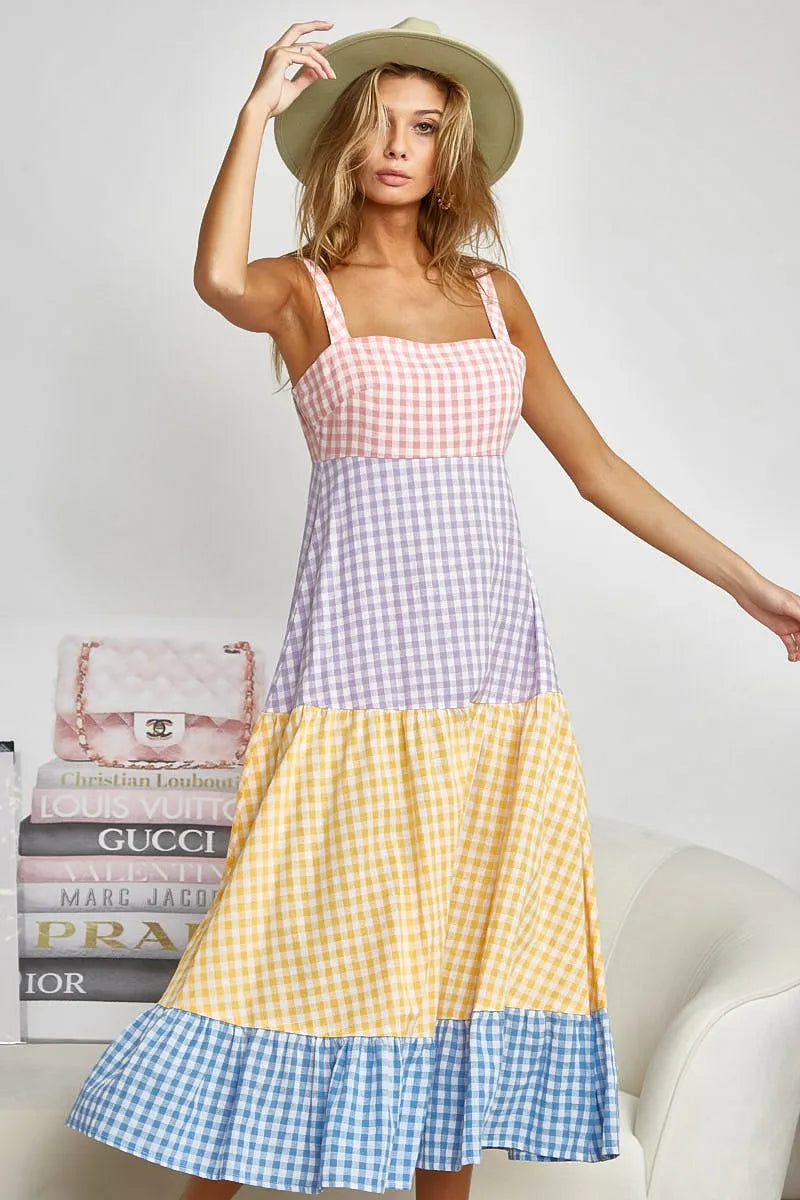 BiBi Color Block Tiered Gingham Dress OutfitFlow