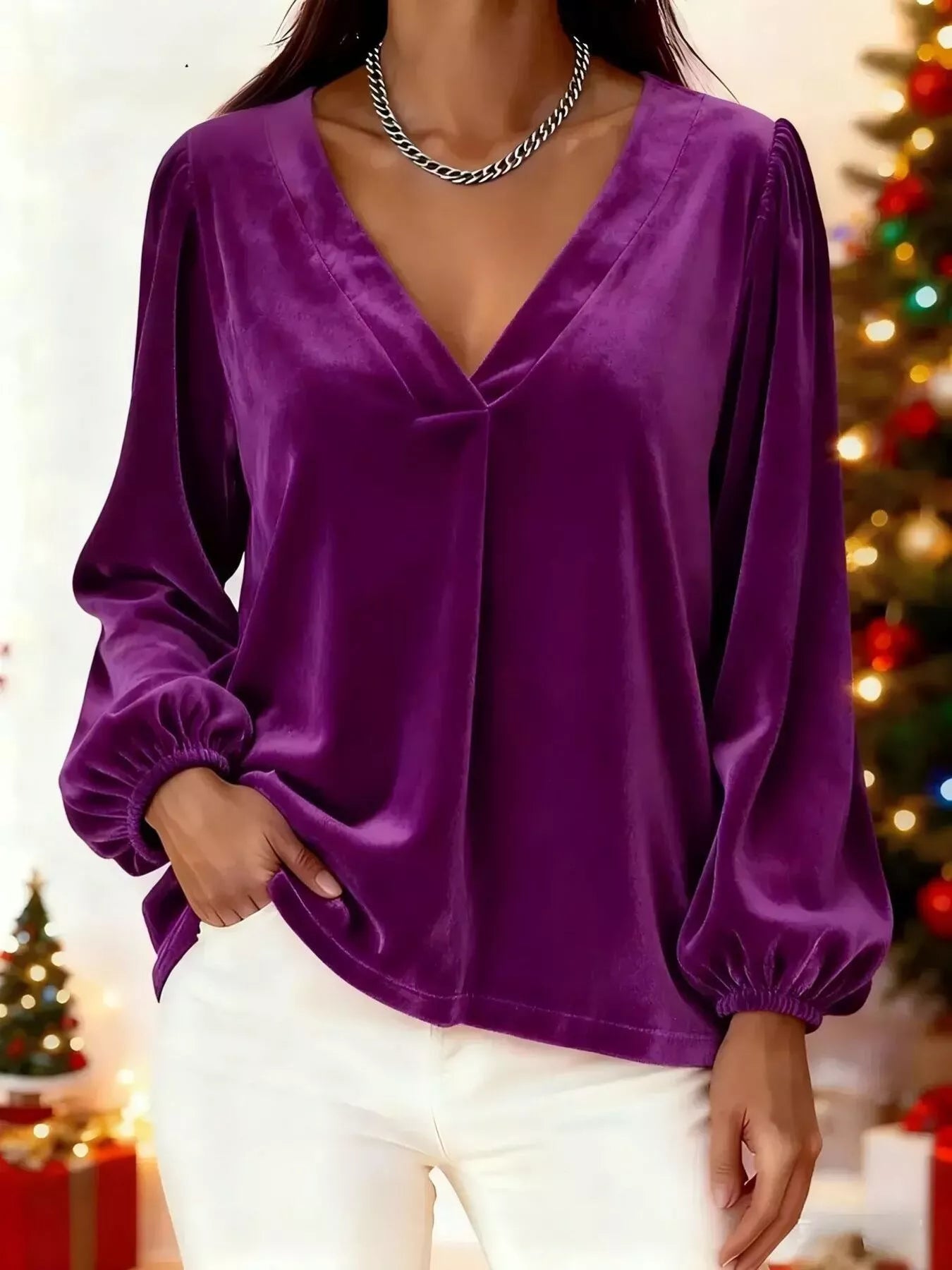 Full Size Velvet V-Neck Long Sleeve Blouse Plus Size Purple OutfitFlow