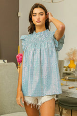BiBi Clear Sequin All-over Gingham Smocked Top OutfitFlow