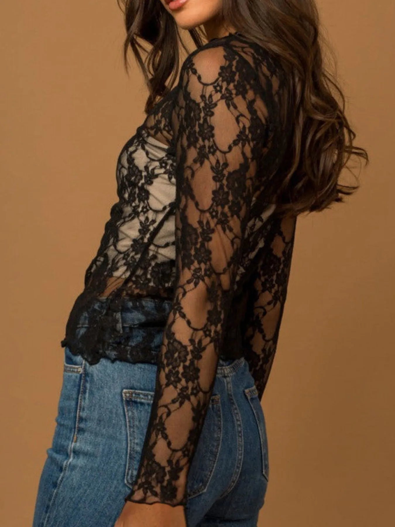 Mesh Floral Lace Long Sleeve T-Shirt OutfitFlow
