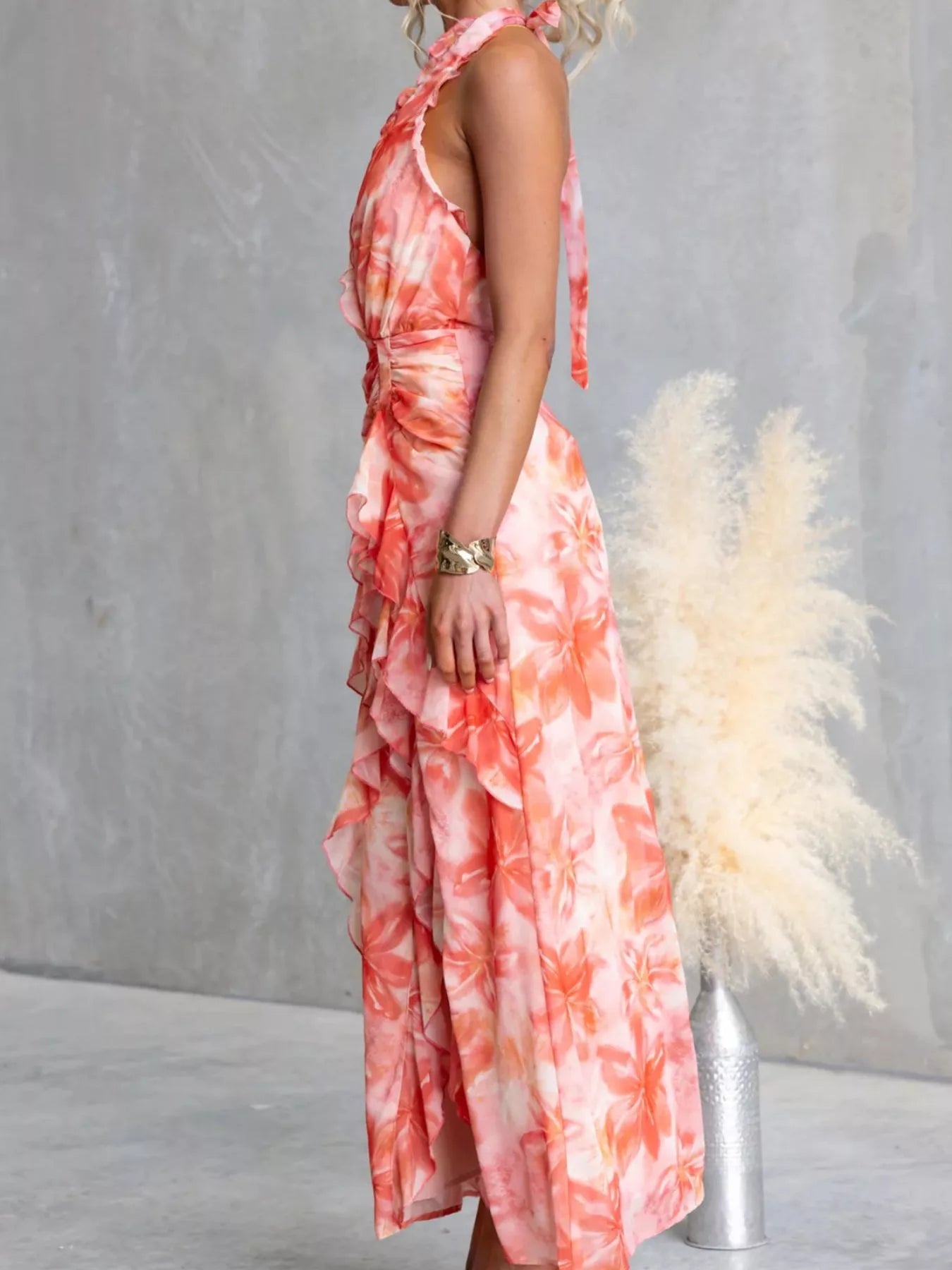 Floral Print Ruffle Halter Neck Maxi Dress OutfitFlow