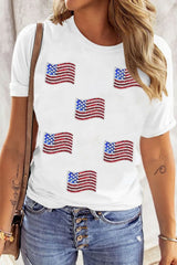 Sequin American Flag Patched Casual T Shirt OutfitFlow