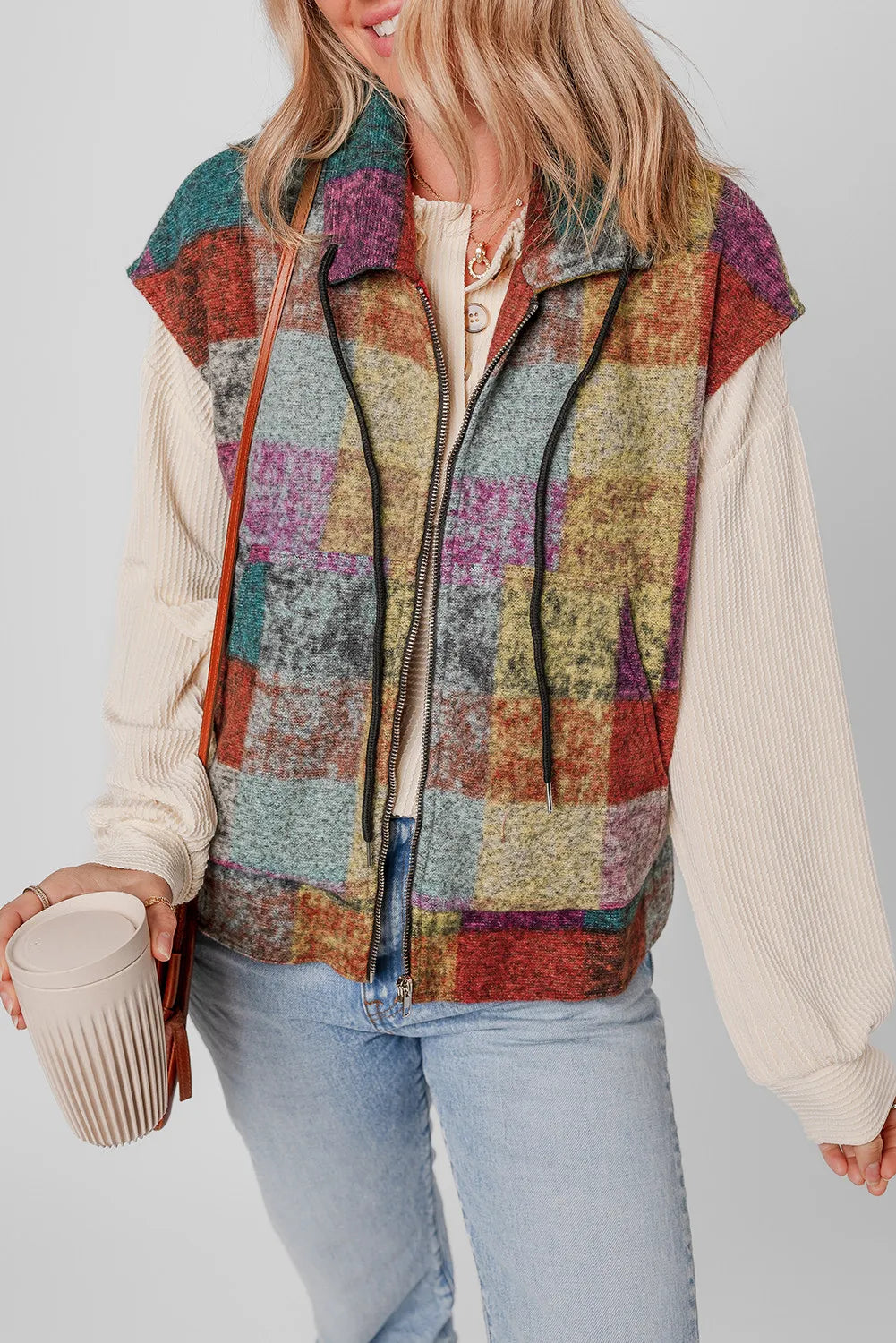 Plaid Zip Up Collared Neck Vest Coat