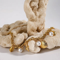 Ocean Theme Stainless Steel Chain Bracelet with Seashell and Starfish Pendants OutfitFlow