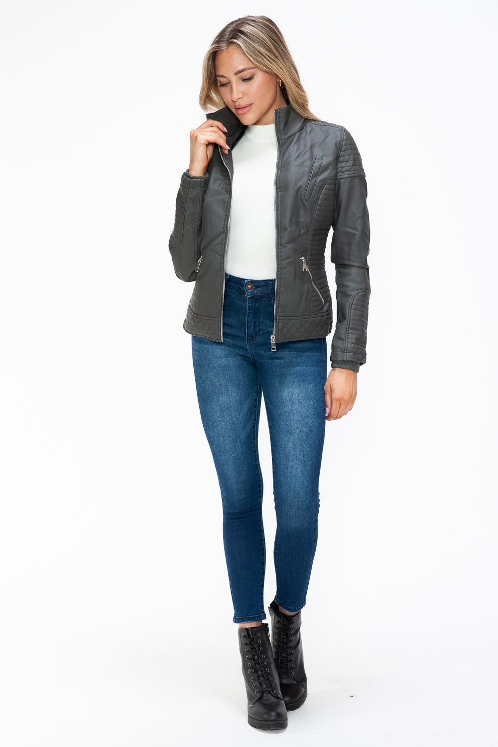 Outfit Flow - YMI Faux Layered Double-Zipper Jacket with Fuzzy Hood