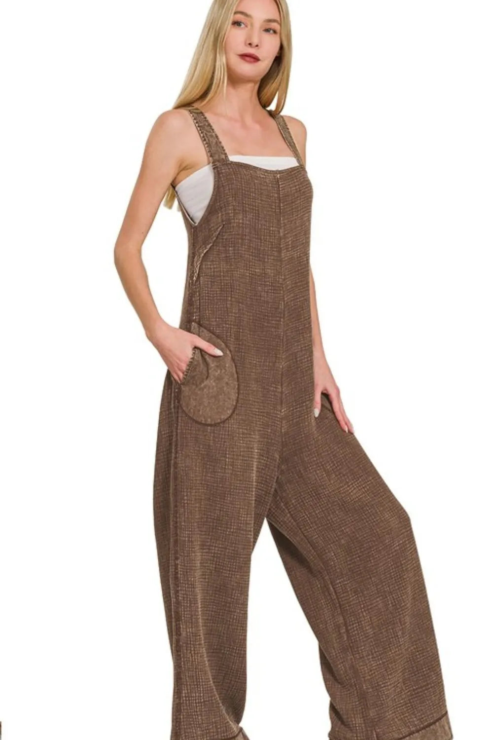Zenana Double Gauze Washed Wide Leg Overalls BROWN OutfitFlow