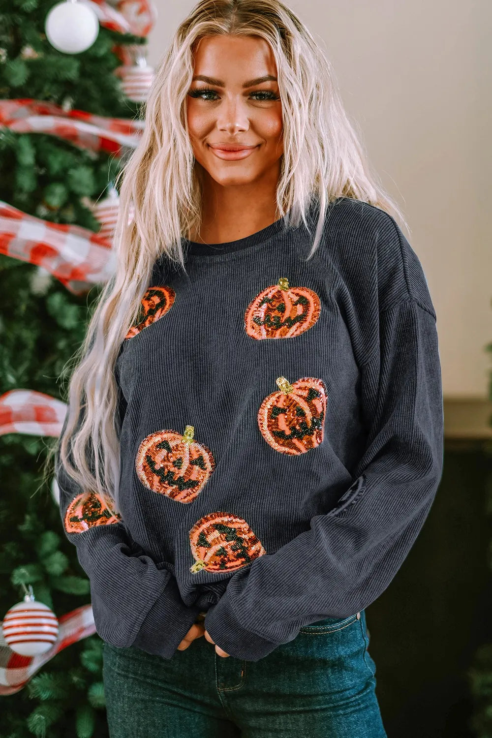 Sequin Patch Pumpkin Round Neck Sweatshirt OutfitFlow