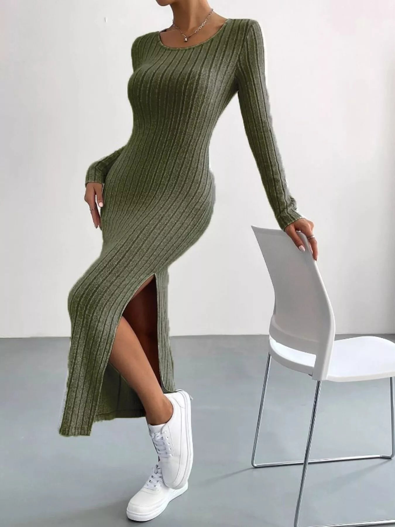 Full Size Ribbed Knit Bodycon Midi Dress Plus Size Army Green OutfitFlow