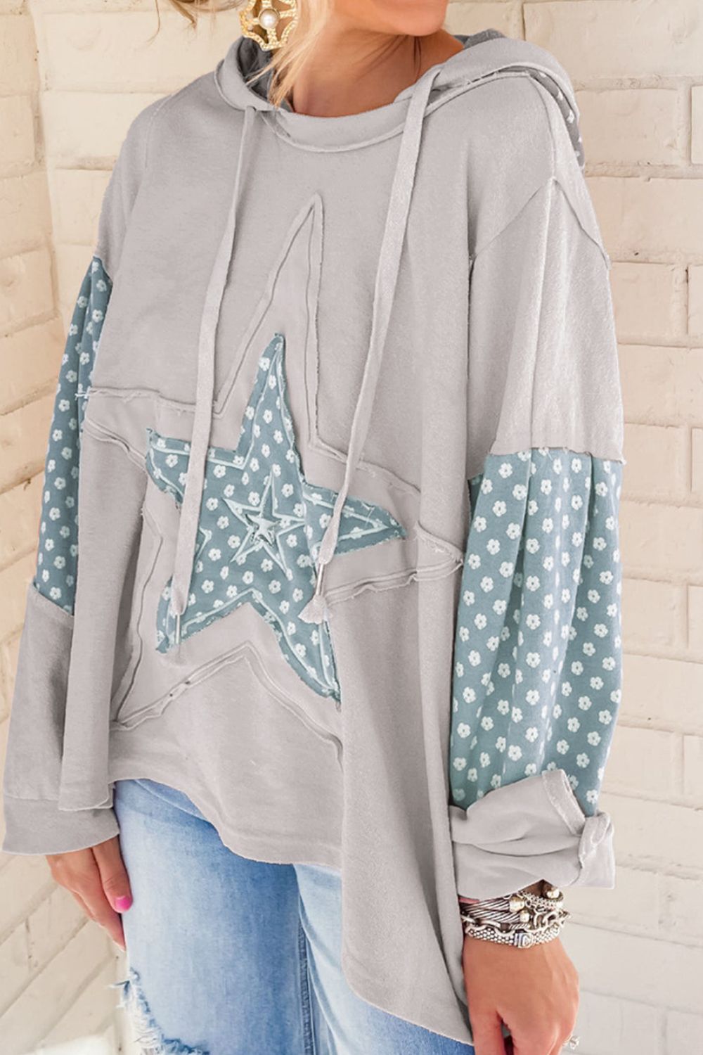 Outfit Flow - Floral Patchwork Star Pattern Drawstring Hoodie