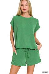Zenana Raised Rib Cap Sleeve Top & Shorts Set FOREST OutfitFlow