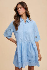 Annie Wear Embroidered Scallop Edge Detail Mini Shirt Dress OutfitFlow