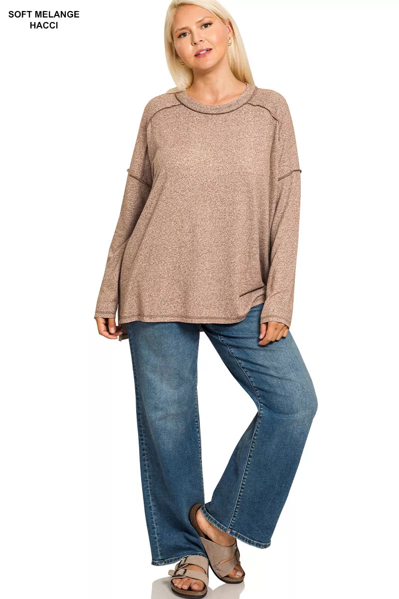 Zenana Full Size Melange Hacci Exposed Seam Hi-low Tee Plus Size OutfitFlow