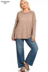 Zenana Full Size Melange Hacci Exposed Seam Hi-low Tee Plus Size OutfitFlow