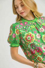 Umgee Retro Floral Puff Sleeve Top OutfitFlow