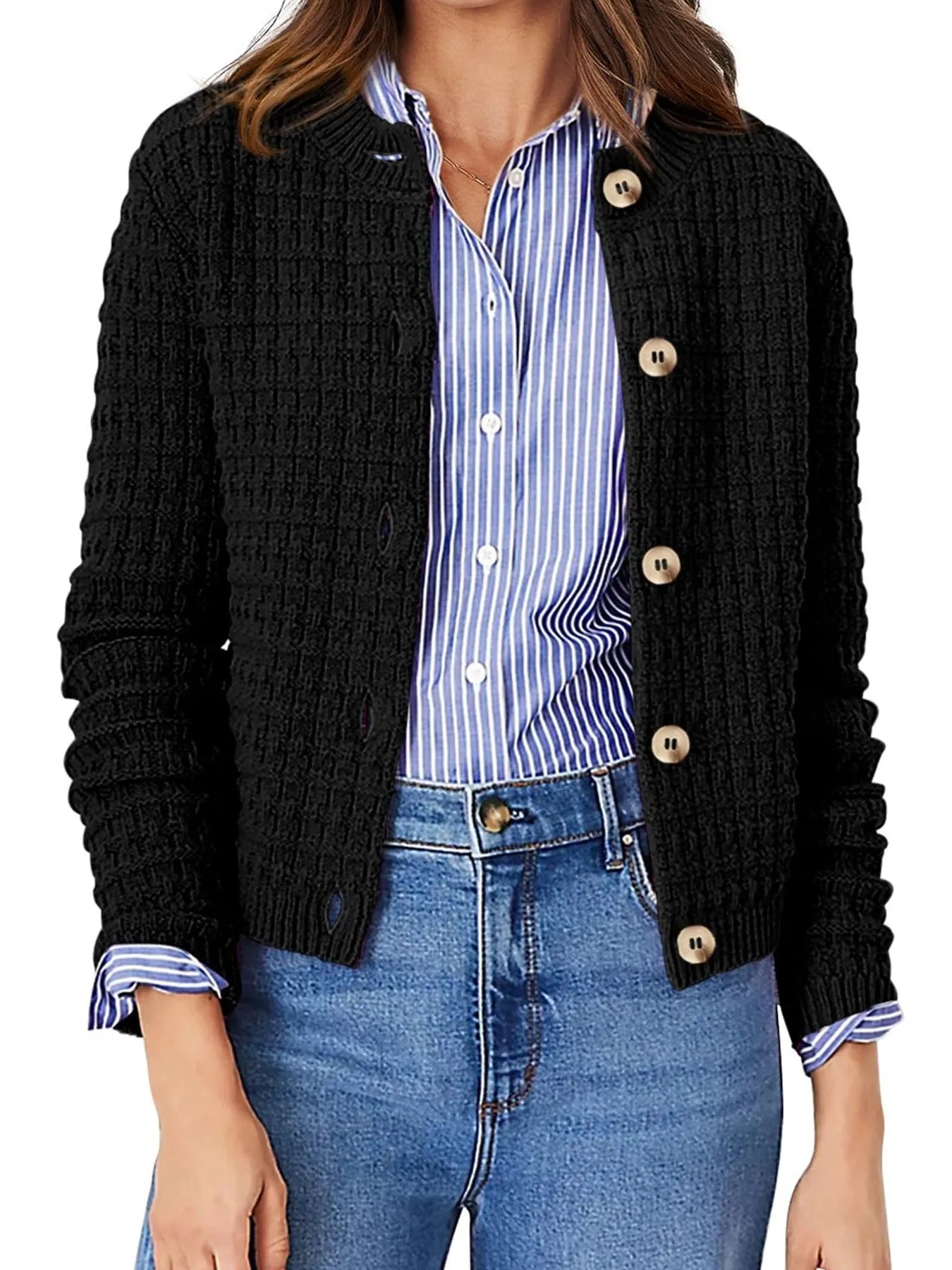 Textured Knit Button-Front Cardigan Black OutfitFlow