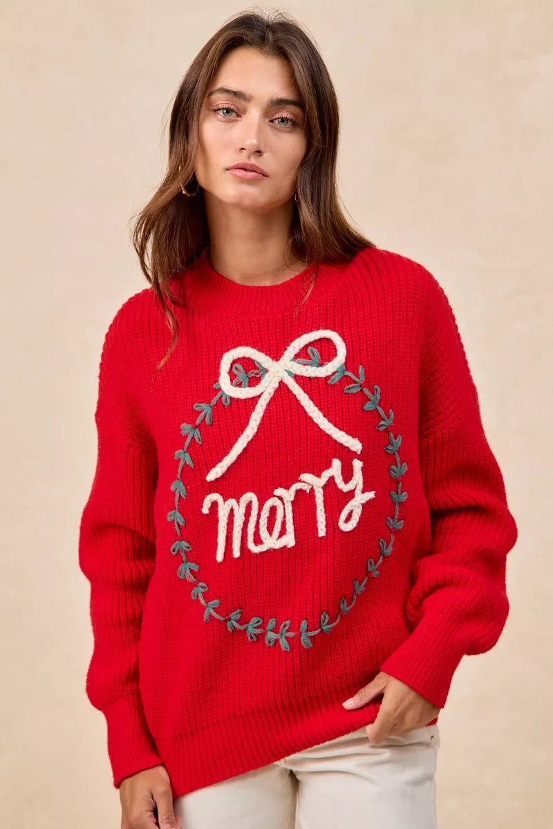 BiBi Christmas Wreath Merry Letter Knit Top OutfitFlow