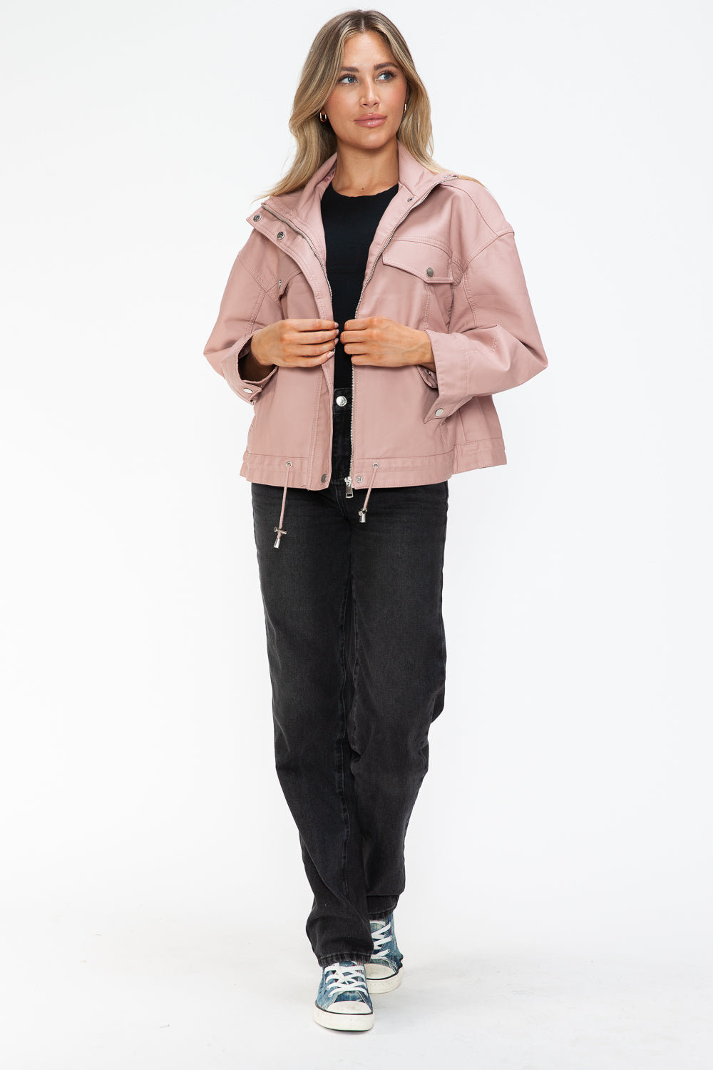 Outfit Flow - How Dare U Drawstring Hem PU Leather Zip Up Jacket