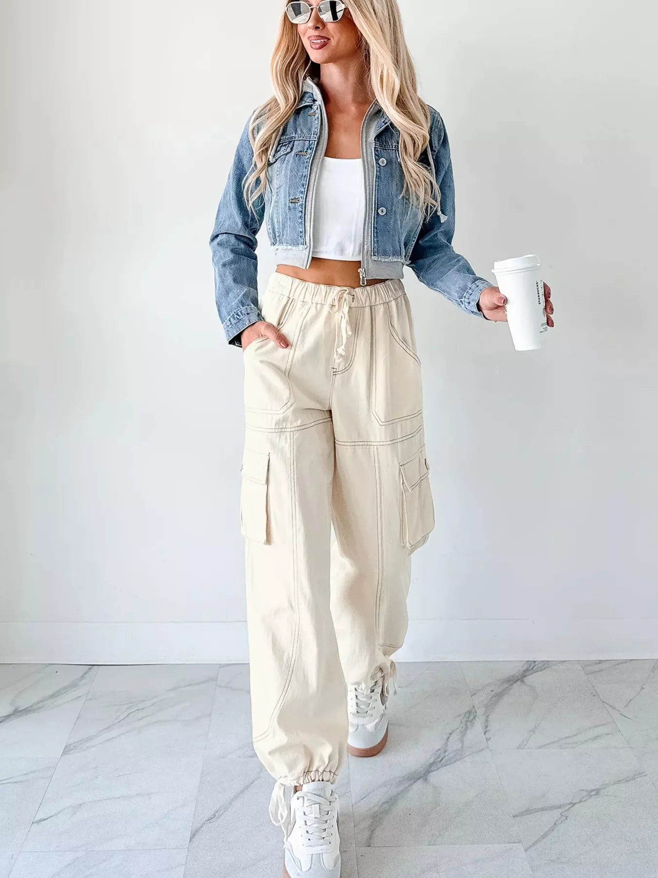Distressed Zip Up Cropped Hooded Denim Jacket OutfitFlow