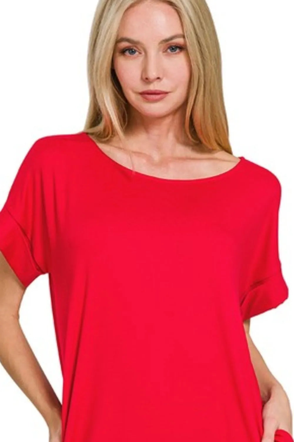 Zenana Rolled Short Sleeve Round Neck Dress OutfitFlow
