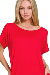 Zenana Rolled Short Sleeve Round Neck Dress OutfitFlow