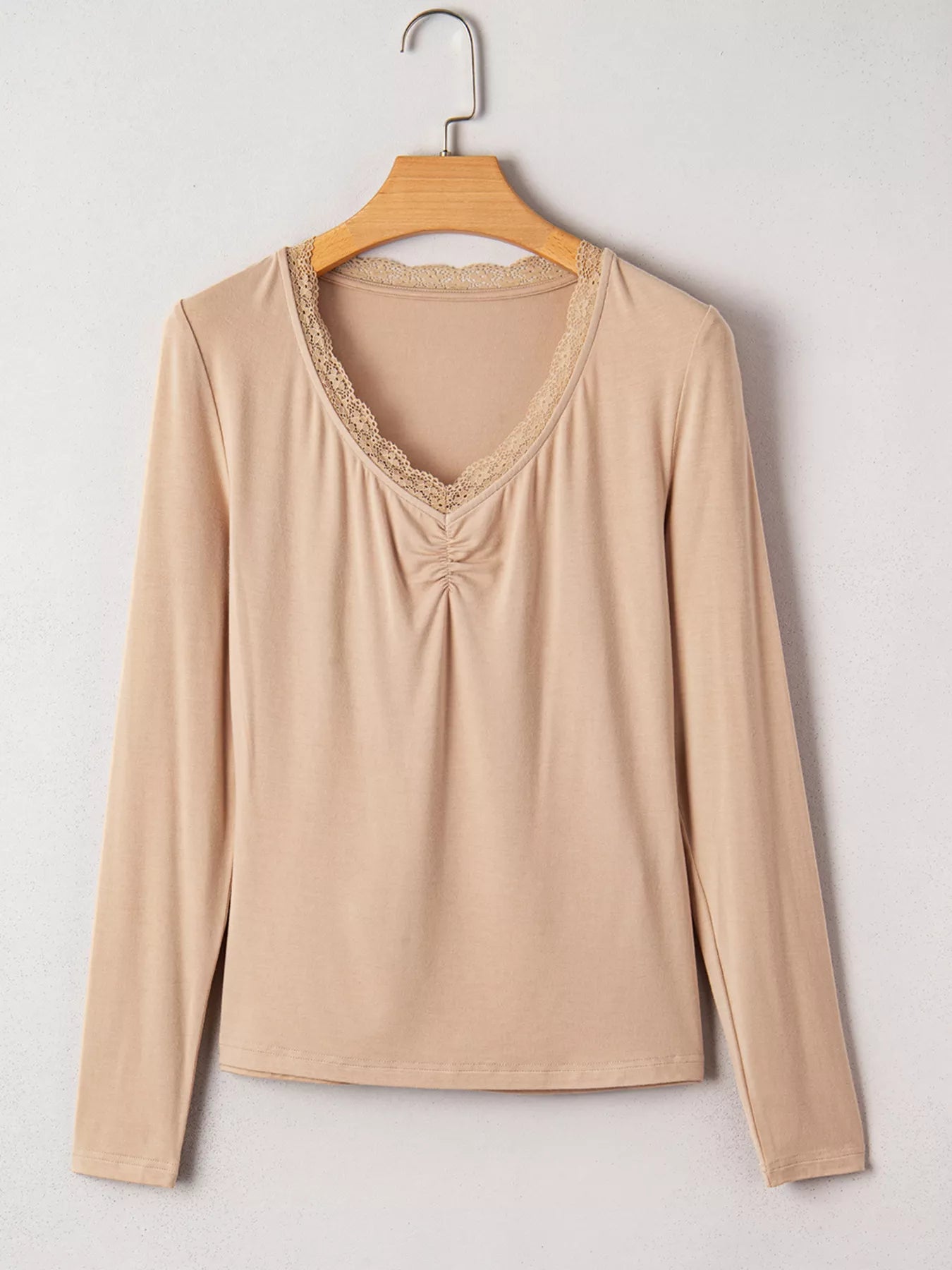 Lace-Trimmed Ruched Detail Long Sleeve T-Shirt OutfitFlow