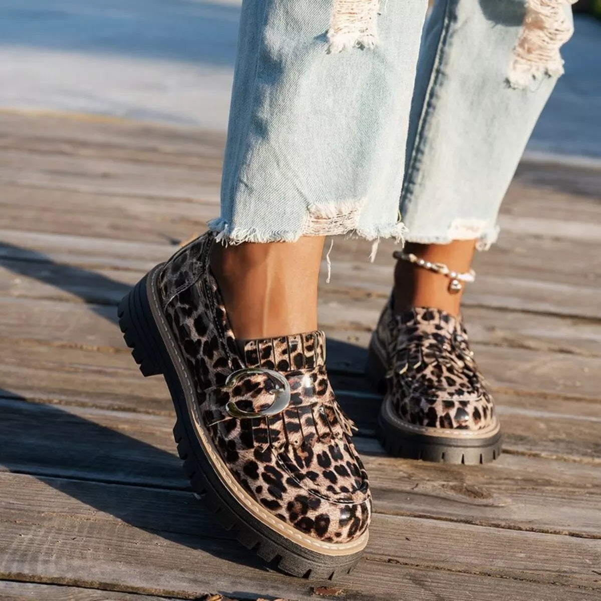 Round Toe Platform Loafers Leopard Trendsi