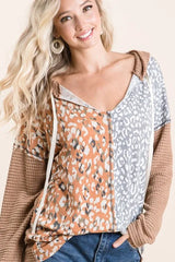 BiBi Popcorn Waffle Knit Hoodie with Print Block Front OutfitFlow