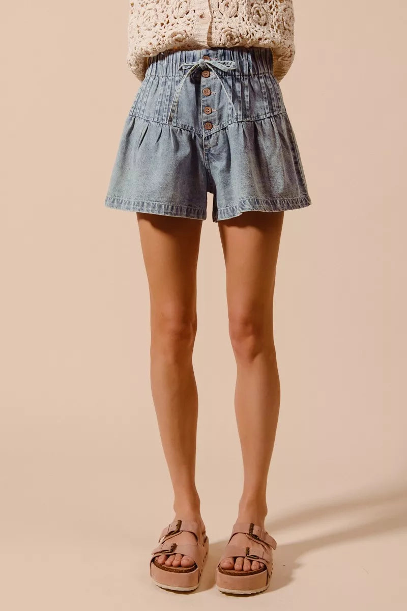 SO ME Flared Denim Shorts with Elasticized Waist OutfitFlow