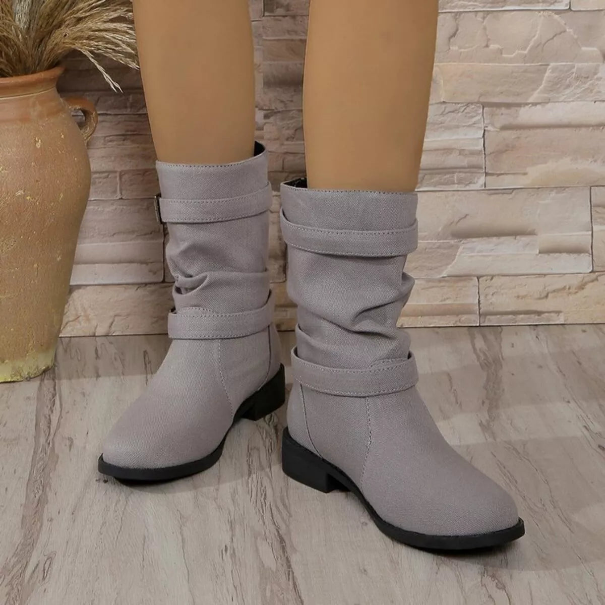 Buckle Accent Block Heel Boots Trendsi