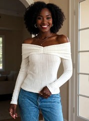 Off-Shoulder Ribbed Knit Top White OutfitFlow