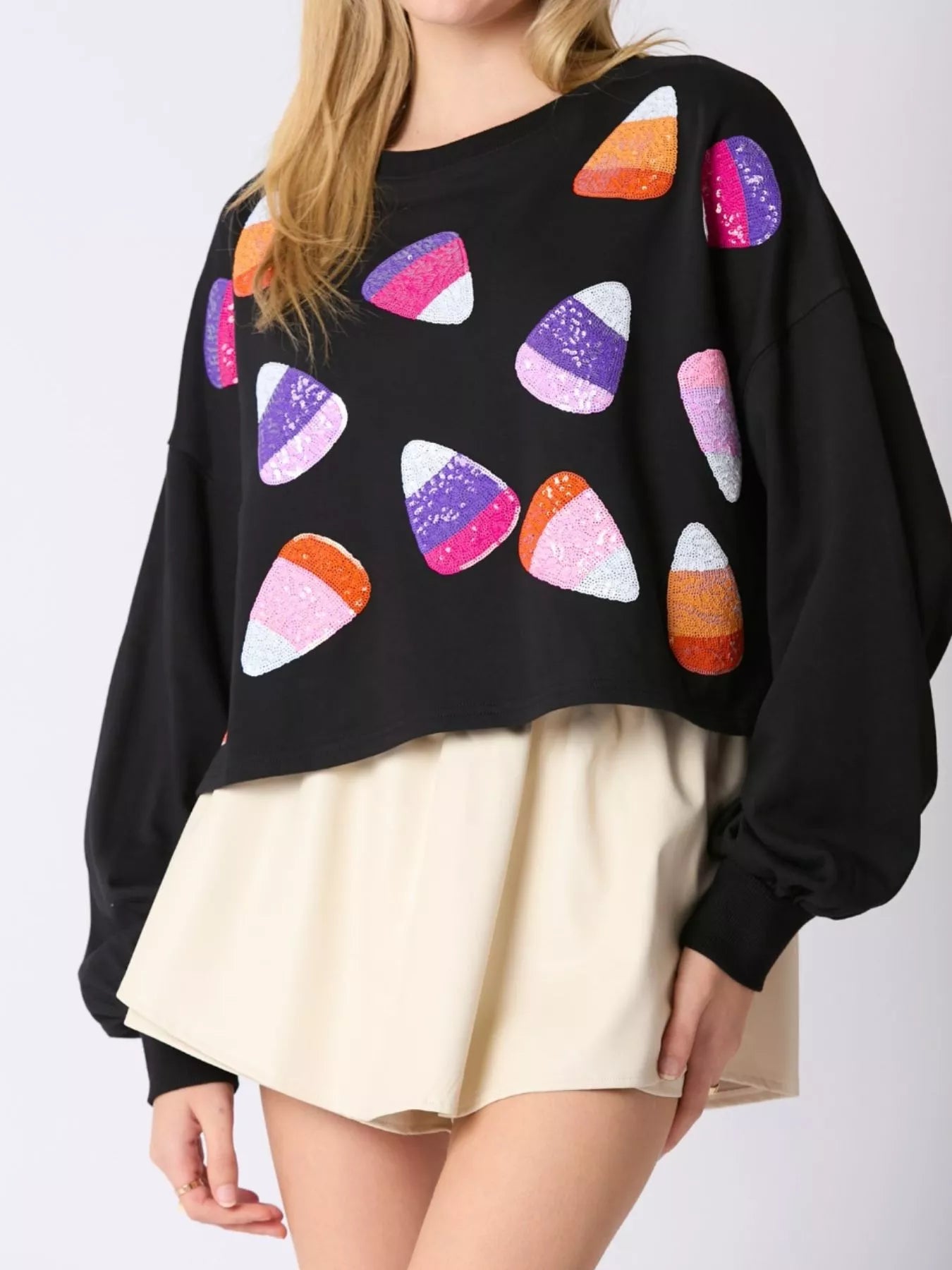 Halloween Candy Sequin Long-Sleeve Sweatshirt Black OutfitFlow