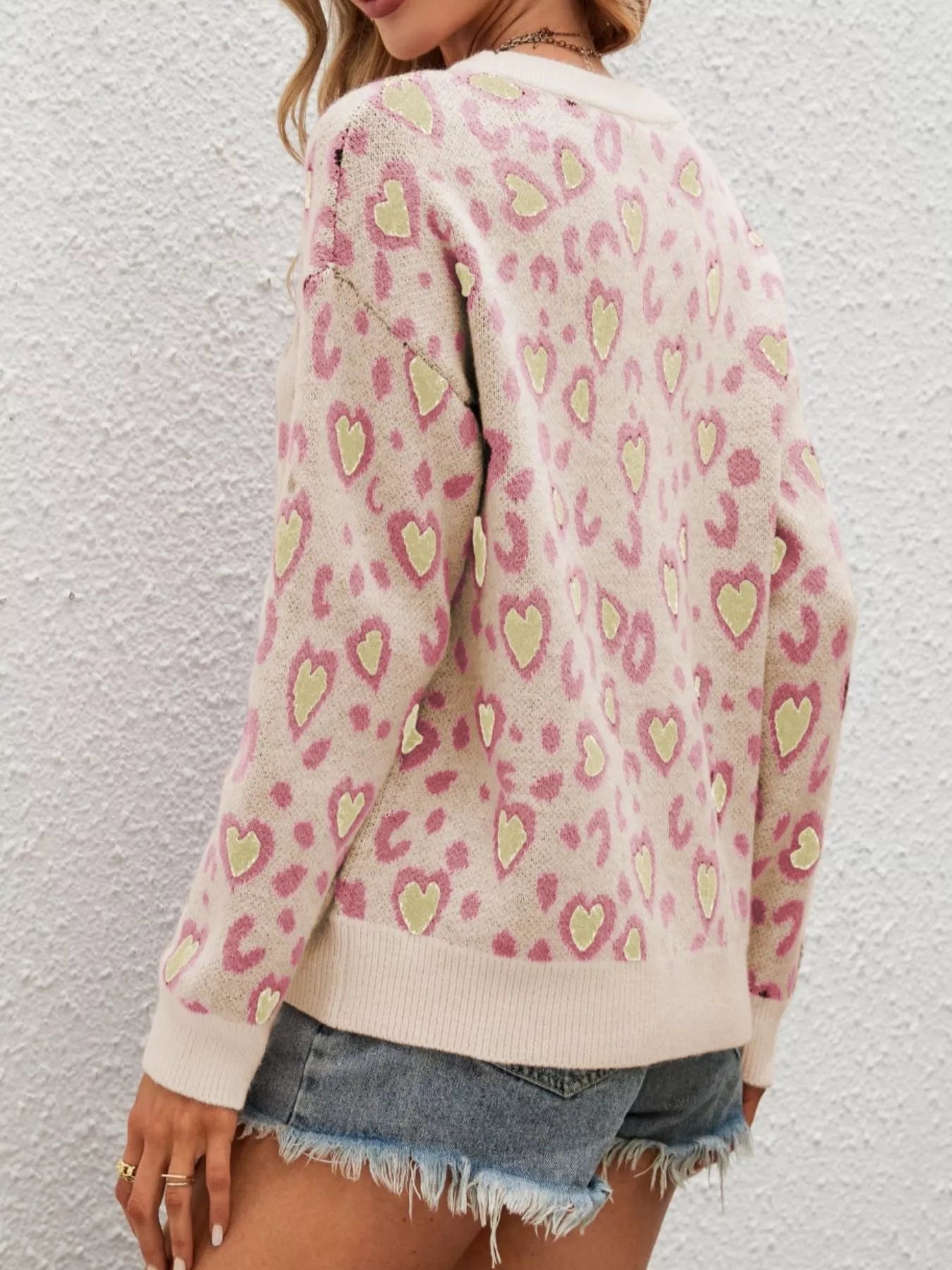 Heart Round Neck Long Sleeve Sweater OutfitFlow