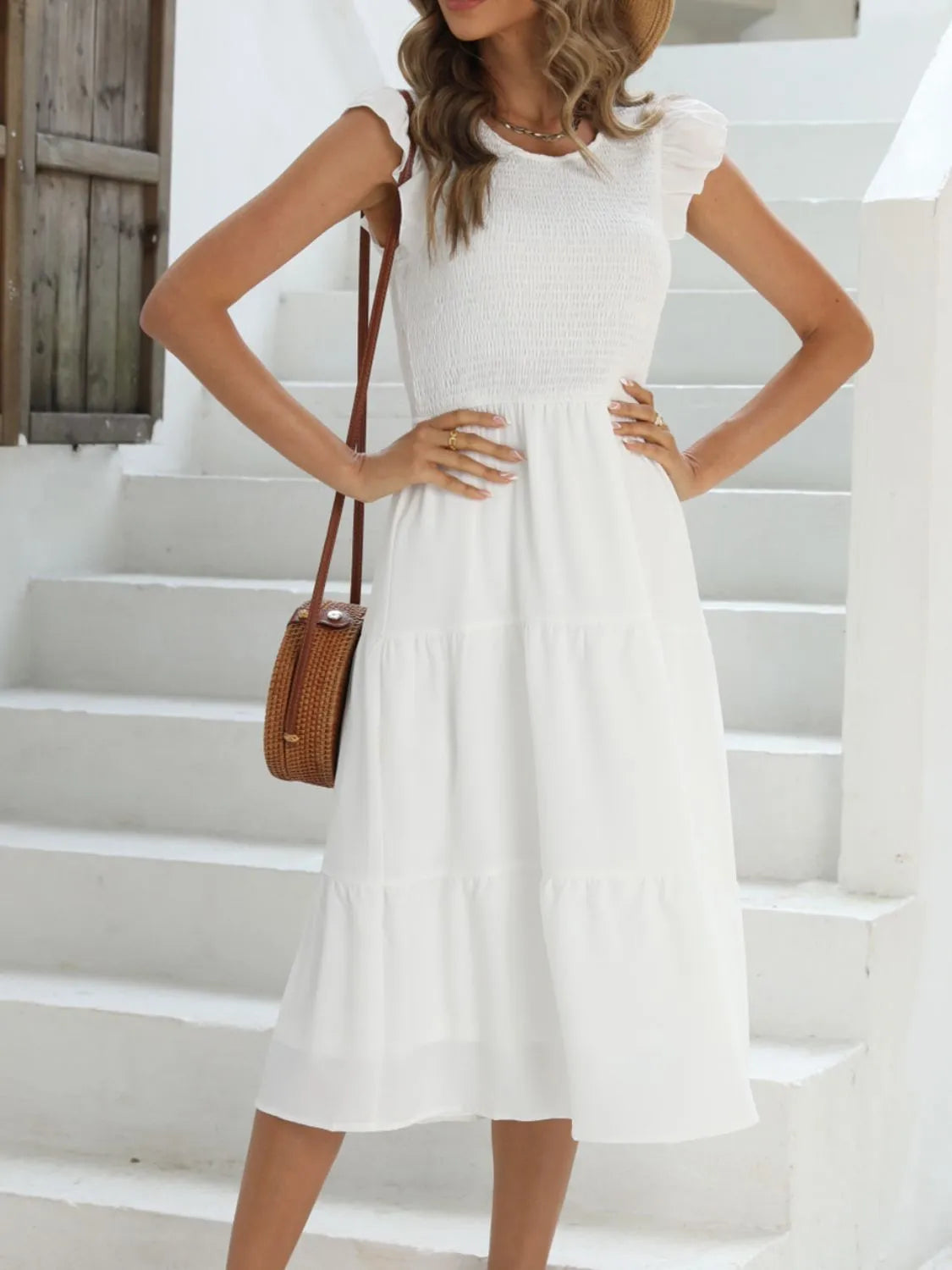Ruffled Round Neck Cap Sleeve Dress OutfitFlow