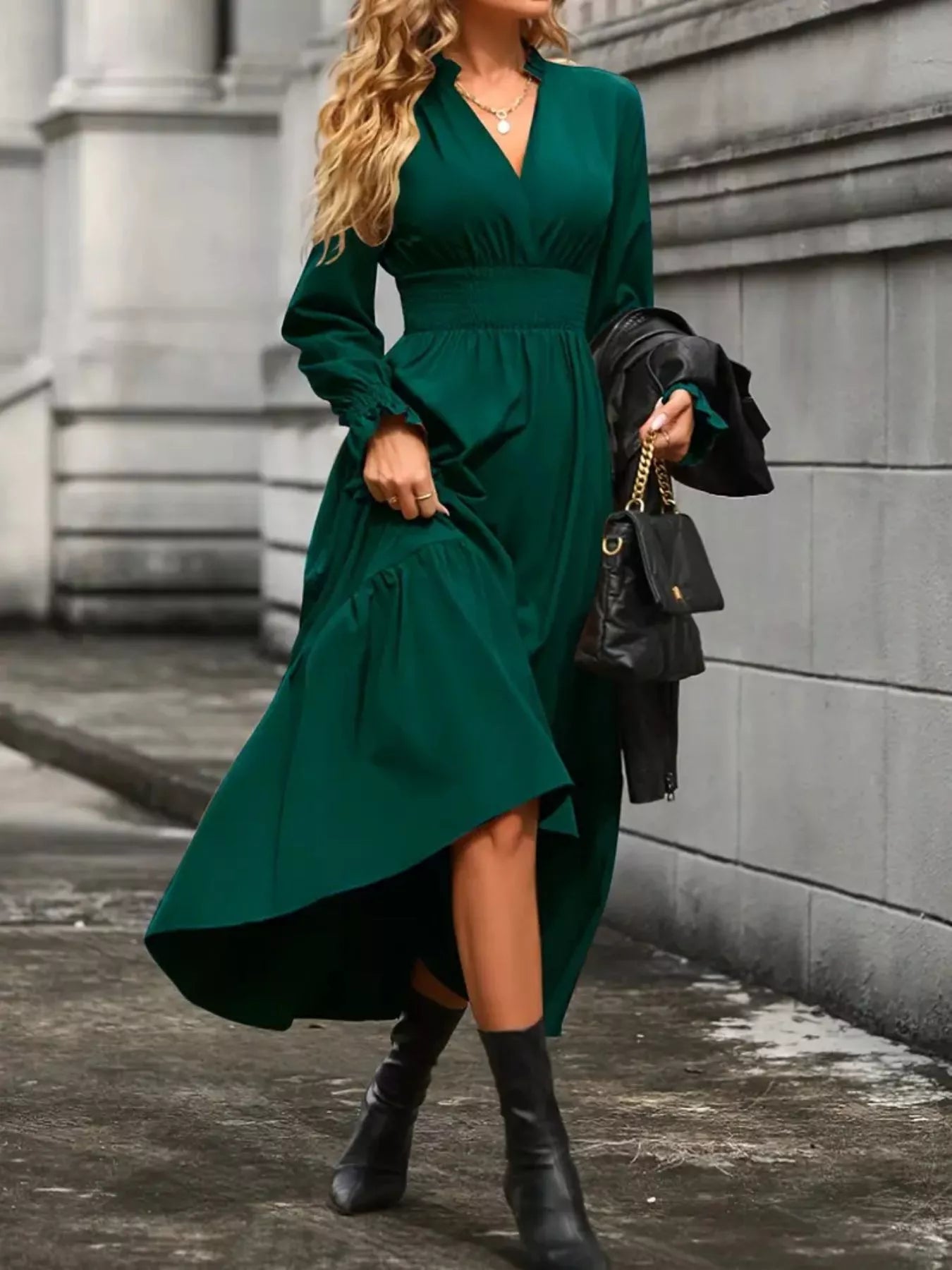 Surplice Long Sleeve Tiered Midi Dress OutfitFlow