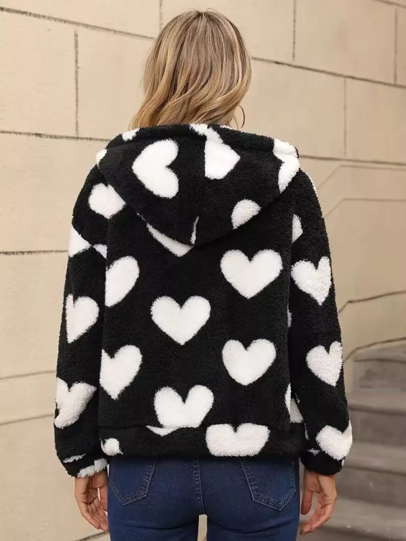 Heart Fuzzy Fleece Zip-Up Outerwear Trendsi
