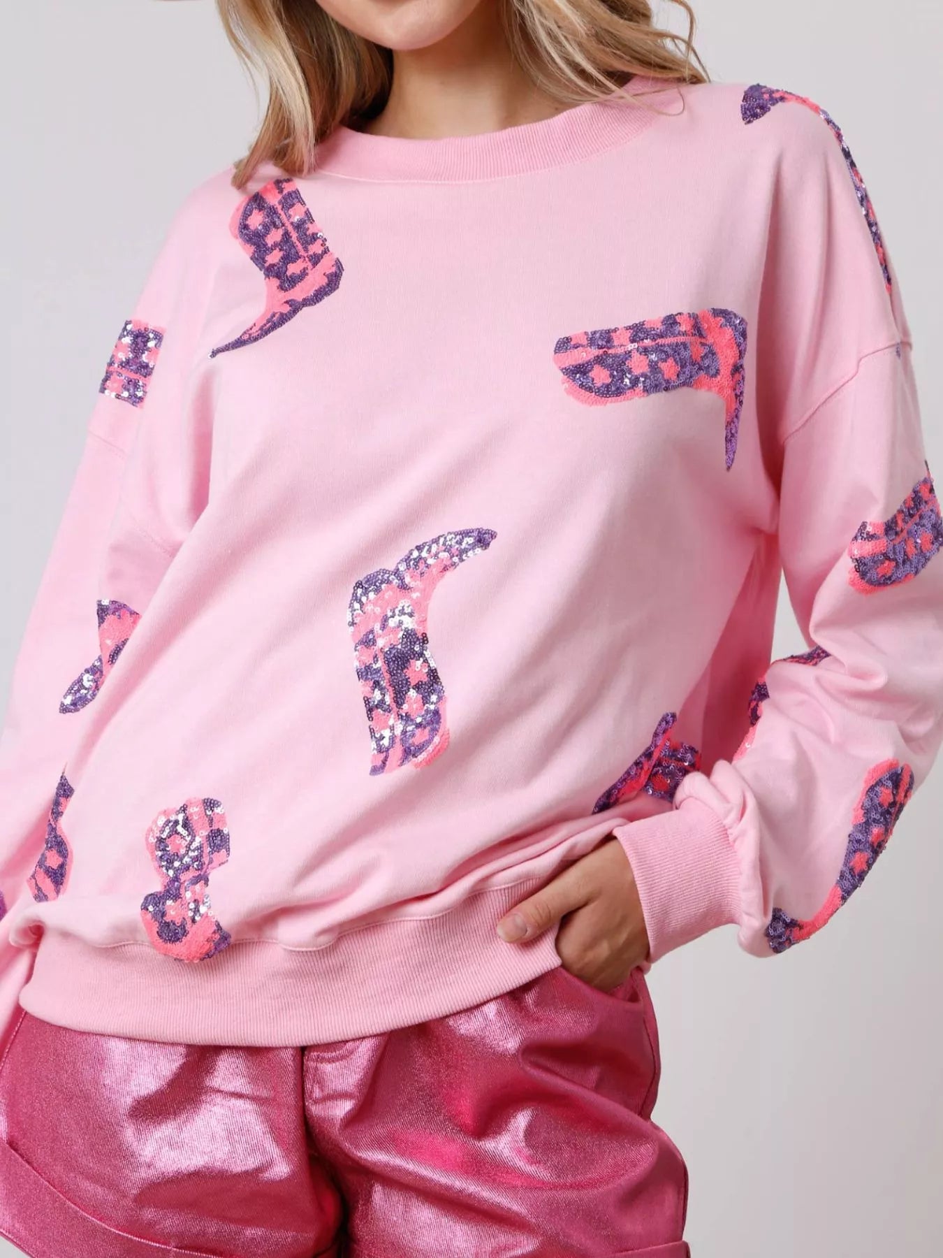 Sequin Boot Crewneck Sweatshirt OutfitFlow