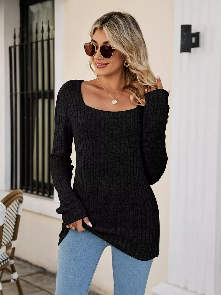 Ribbed Square Neck Long Sleeve T-Shirt Black Trendsi